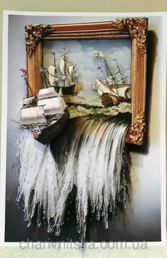 there is a painting on the wall with boats and waves coming out of it's frame