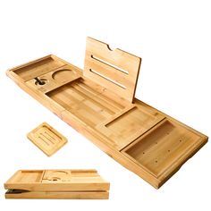 a wooden box with compartments and trays on it