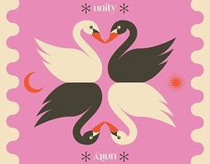 two black and white birds with red beaks on a pink background that says happy anniversary