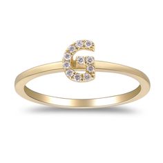 Simple and elegant, this diamond accent G initial ring features 11 round brilliant cut diamonds that create the sparkling letter design in a classic 10K yellow gold setting. | Diamond Accent "G" Initial Ring | 10K Yellow Gold | Round Brilliant Cut | Size 8 | 2mm | Helzberg Diamonds G Initial, G Ring, Helzberg Diamonds, Letter Design, Letter G, Initial Ring, Yellow Gold Setting, Gold Initial, Fine Jewelry Gift