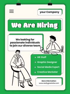 a poster with the words we are hiring on it and an image of a man sitting at