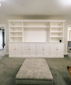 a dog is standing in the middle of a room with white cabinets and a bench