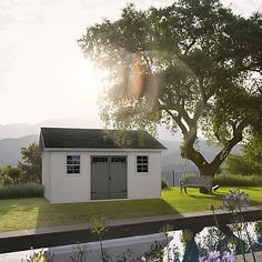 a white shed sitting on top of a lush green field next to a tree and water