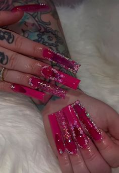 Pink Nails Extra, Pink Money Nails, Hot Pink Junk Nails, Pink Long Bling Nails, Pink Extendo Nails Designs, Pink Glam Nails Long, Extra Long Pink Nails, Hot Pink Xl Acrylic Nails