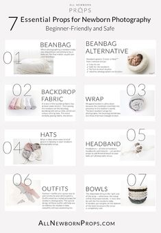 the seven essentials for newborn photography info sheet with text overlaying it in white and