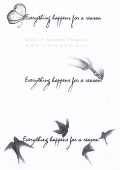 some birds are flying in the air with words on them and one is saying everything happens for a reason