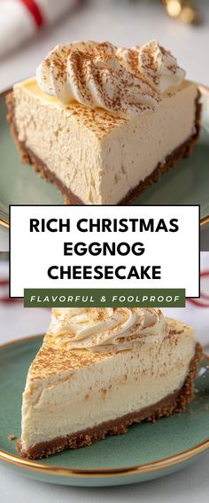 two slices of christmas eggnog cheesecake on green plates with gold rims