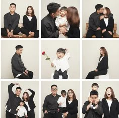 a collage of people posing for pictures with each other and holding a flower in front of them