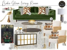 a living room with green couches and gold accents