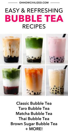 the bubble tea recipe is shown in four different colors