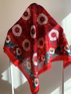 Beautiful classic Jacqueline Ferrar rayon scarf from Italy. Bold rustic red ground with yellow and white poppies. It has a lovely soft hand and fine weave. Red Bohemian Shawl With Floral Print, Floral Print Shawl Scarf One Size, One Size Floral Print Shawl Scarf, Traditional Red Floral Print Shawl, Traditional Red Shawl With Floral Print, One Size Bohemian Scarf With Floral Print, Bohemian Scarves With Floral Print, One Size, One Size Bohemian Scarves With Floral Print, Bohemian One-size Floral Print Scarves