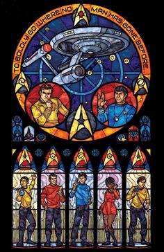 a stained glass window with star trek characters