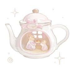 a teapot shaped like a baby's house with two teddy bears in it