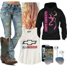 Backwoods Barbie - Polyvore Backwoods Barbie, Ford Shirt, Cowgirl Outfit, Western Clothes, Teenage Outfits, Camo Shirt