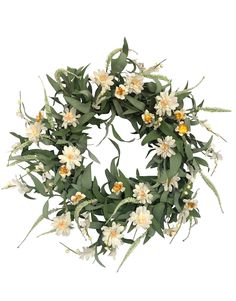 a wreath with white flowers and green leaves