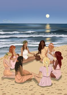 a group of women sitting on top of a sandy beach next to the ocean under a full moon