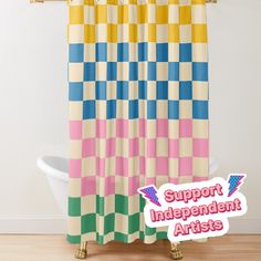 a colorful shower curtain with the words support independent artists in pink, yellow and blue