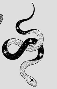 a black and white drawing of a snake with stars on it's tail, next to a razor blade