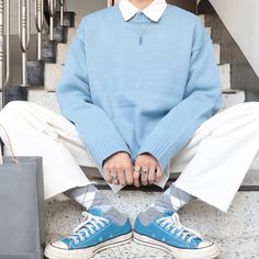 Blue And White Outfit Ideas Men, Soft Blue Outfit Men, Pastel Blue Outfit Men, Light Blue Mens Outfit, Blue Aesthetic Outfit Men, Dark Blue Outfit Men, Blue Male Outfit, Light Blue Outfit Men, Soft Boy Outfits Pastel