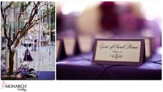 the table is set up with purple and white flowers, candles, and a tree