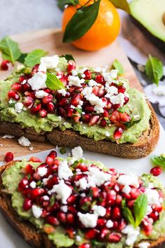 avocado toast with pomegranate and feta cheese