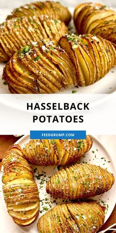 two plates filled with baked potatoes on top of a wooden table