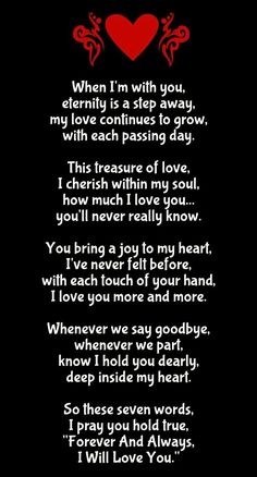 a poem written in black with red hearts on the back and white writing that reads, when i'm with you