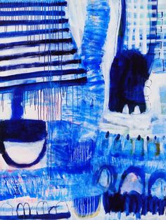 an abstract painting with blue and white colors