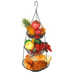 three tiered fruit basket hanging on chain with apples, oranges, cranberries and other fruits