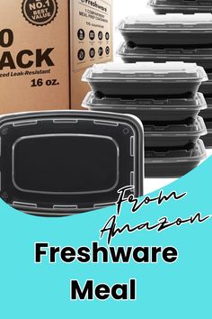 there are many plastic containers stacked on top of each other with the words freshware meal in front of them