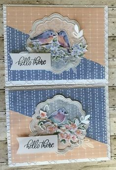 two cards with birds and flowers on them, one has a name tag that says hello there