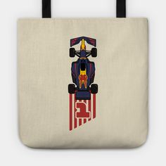 a tote bag with a race car on it