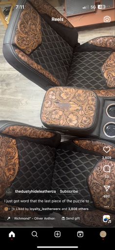 the floor mats are all made up of wood and black leather, with intricate designs on them