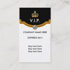 a black and gold business card with a crown on the front that says, v i p