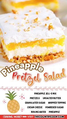 an advertisement for pineapple pretzel salad on a plate