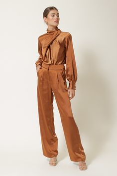 Line Dot, Gal Pal, Party Needs, Satin Material, Camel Color, Modern Chic, Light Wash Jeans, High Neckline, Wide Leg Trousers