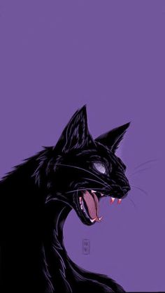 a black cat with it's mouth open and its teeth wide open on a purple background