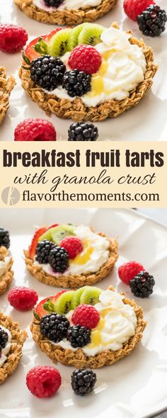 breakfast fruit tarts with granola cheese and fresh berries on a white platter