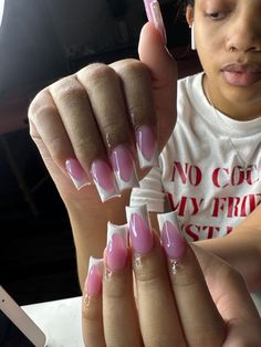 Baddie Frenchies Nails, Medium Frenchies Nails, Pink Acrylic Base Nails, Pink Acrylics Square, French Tip Acrylic Nails Medium Length, White French Tip With Pink Base, Pink Base French Tip Nails, Simple Nails Black Women, Pink Acrylic French Tip Nails