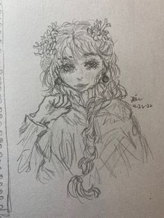 a drawing of a girl with long hair and flowers in her hair, wearing a coat