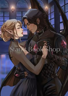 an image of two people hugging each other in front of a window with the words starlight book shop on it