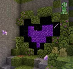 an image of a minecraft room with purple and green decorations on the walls,