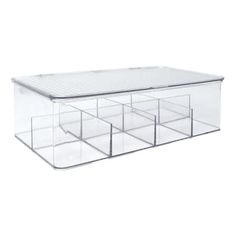 a clear plastic storage container with four compartments on the bottom and one section closed up