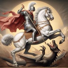 a man riding on the back of a white horse next to a dragon