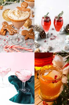 three different pictures with drinks and cookies on the top one has candy canes in it