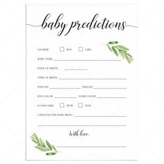 Virtual baby shower games for greenery themed baby shower by LittleSizzle Baby Shower Prediction Cards, Baby Gender Prediction, Green Baby Shower Invitations, Virtual Baby Shower Games, Baby Prediction Cards, Gender Prediction, Baby Predictions, Twins Baby Shower Invitations, Uk English