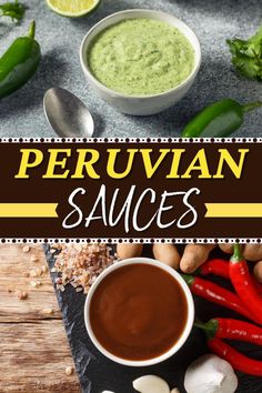 the ingredients for peruvian sauces are displayed on a cutting board with spoons and peppers