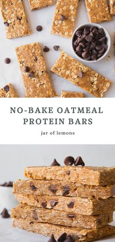 no - bake oatmeal protein bars stacked on top of each other