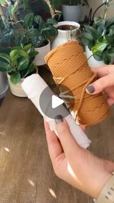 a person holding a roll of twine in front of potted plants on a table