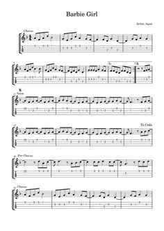 sheet music with the words barbie girl written in black and white on top of it